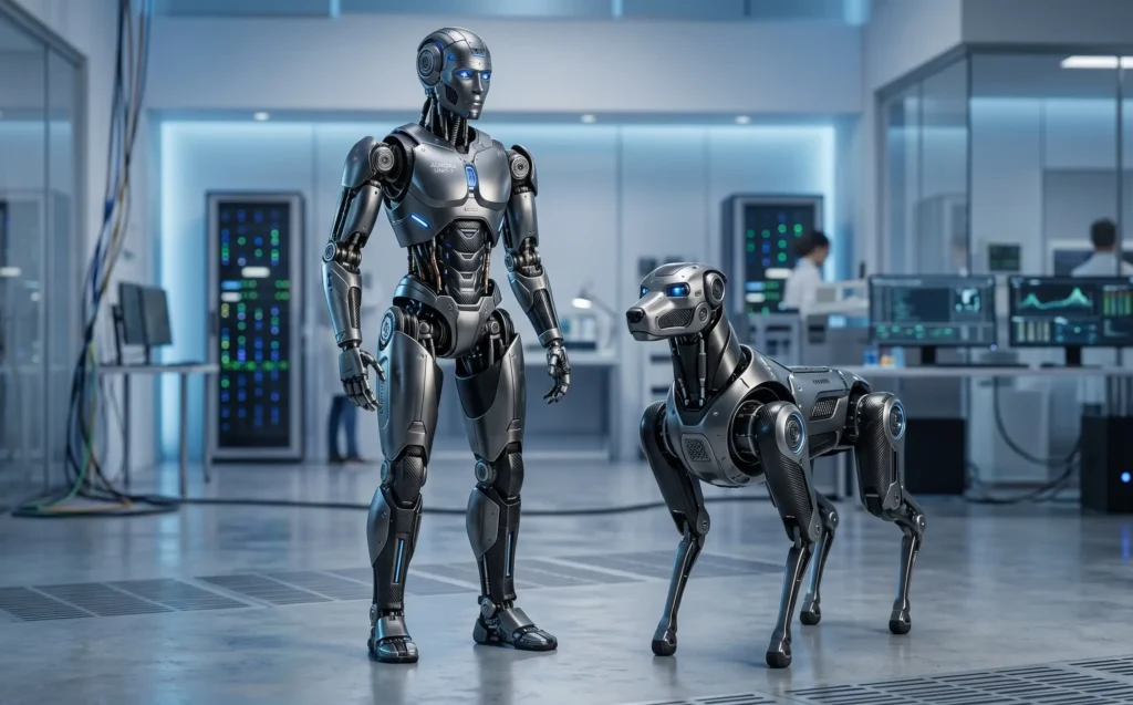 Robot humanoide biónico de pie junto a un perro robot cuadrúpedo en un laboratorio de desarrollo de inteligencia artificial.